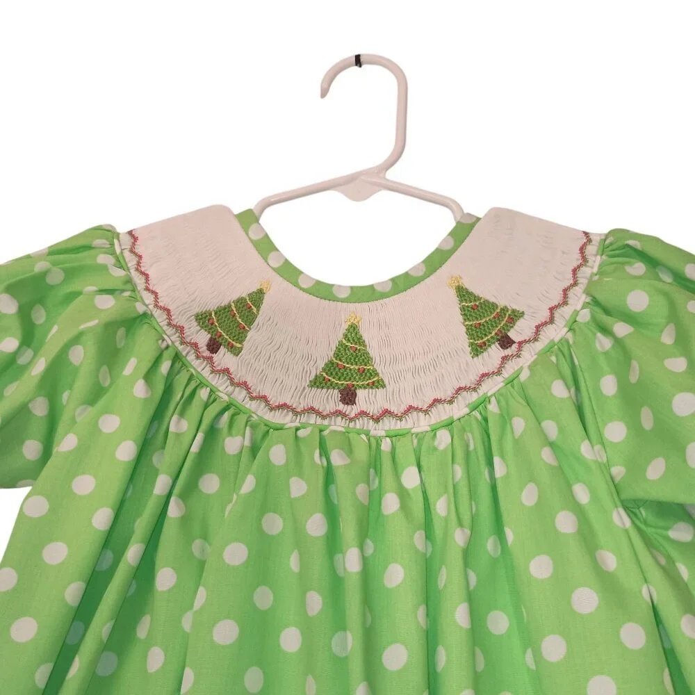 Lollypop Kids Christmas Smocked Little Girl's Dress Green & White Polka Dots 3T